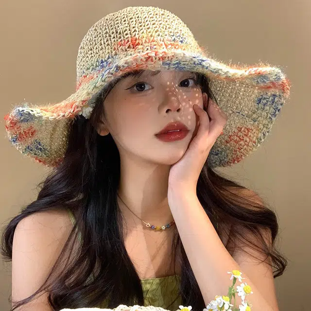 木林森 彩虹色编织草帽海边度假遮阳防晒透气镂空大帽檐显脸小 草编 渔夫帽 男女同款情侣款