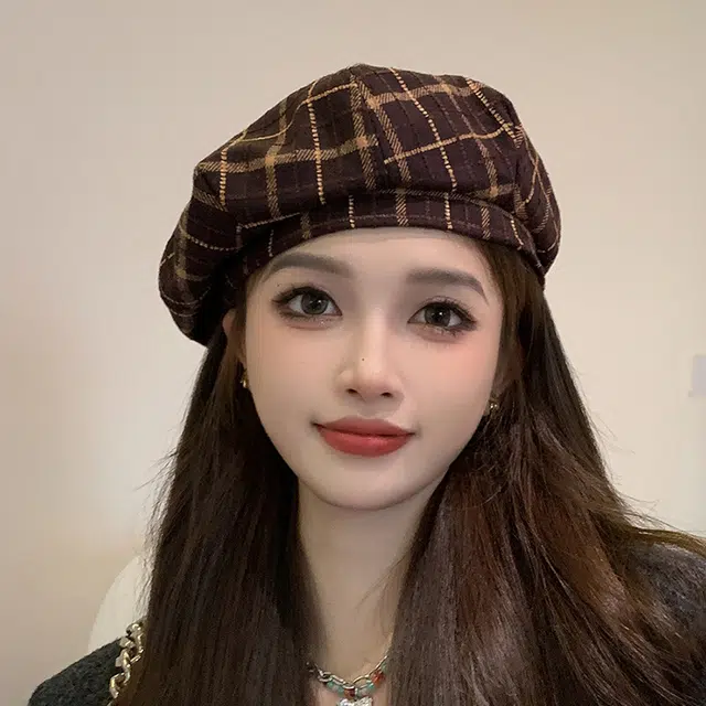木林森 英伦复古格子贝雷帽秋冬韩版休闲画家帽简约毛呢蓓蕾帽 女款