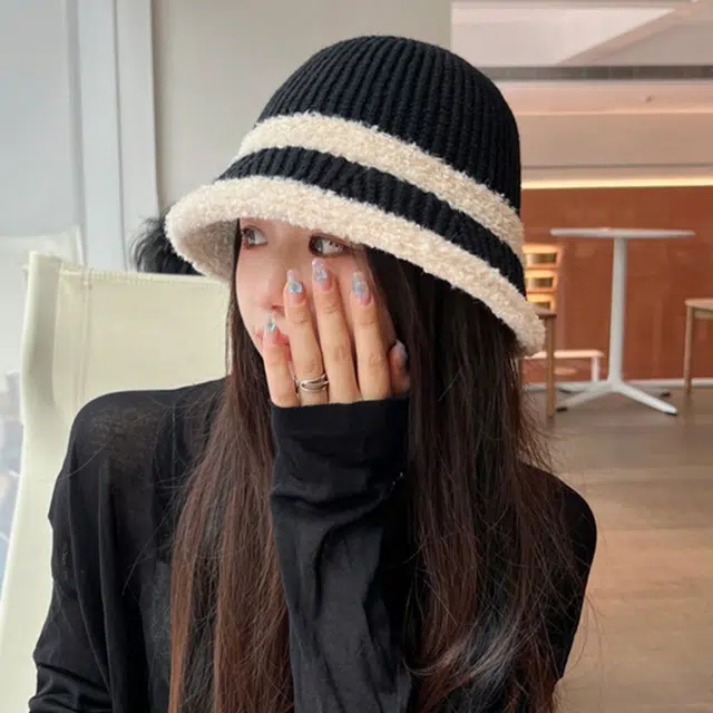 木林森 雪尼尔保暖毛线帽秋冬韩版撞色喷盆帽潮流百搭针织日系渔夫帽毛绒保暖绒线帽 棉 帽子 女款