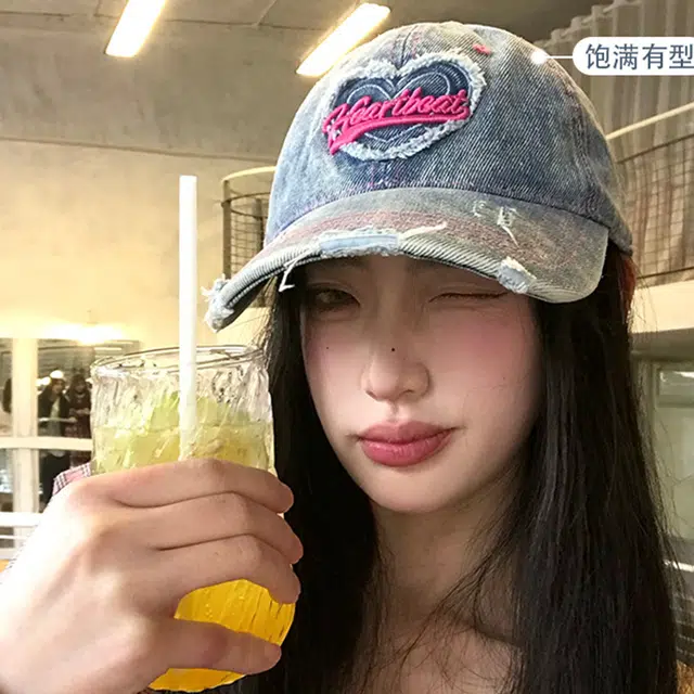 木林森 春夏季爱心水洗做旧牛仔刺绣棒球户外出行甜酷辣妹防晒遮阳时尚潮流百搭大头围显脸小 棉 鸭舌帽 男女同款情侣款