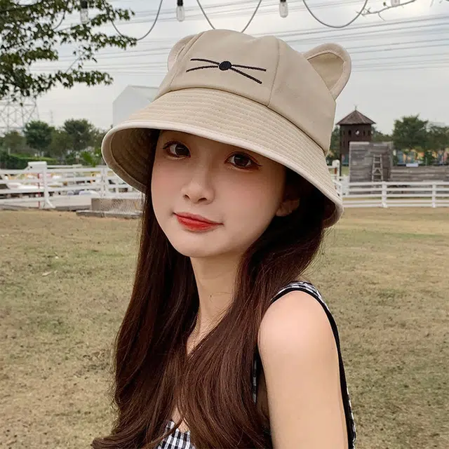 木林森 猫耳朵甜美可爱遮阳帽长帽檐防晒防紫外线 棉 渔夫帽 男女同款情侣款