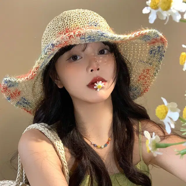 木林森 彩虹色编织草帽海边度假遮阳防晒透气镂空大帽檐显脸小 草编 渔夫帽 男女同款情侣款