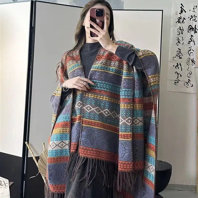 木林森 复古波西米亚民族风度假旅游旅行斗篷防风保暖空调撞色复古披肩 男女同款情侣款