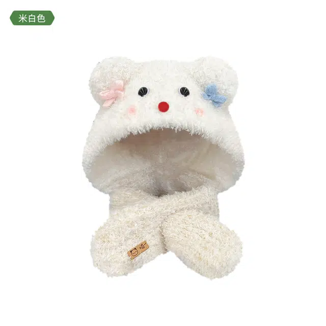 木林森 日系可爱腮红小熊耳朵帽子 冬季加厚保暖两件套帽子围巾一体 泰迪绒 绒线帽 男女同款情侣款
