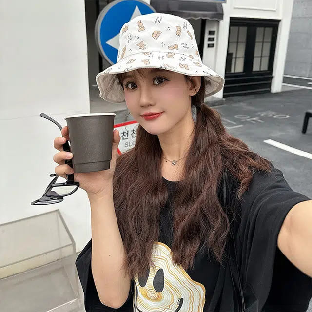 木林森 正反双面戴满印小熊字母刺绣 棉 渔夫帽 男女同款情侣款