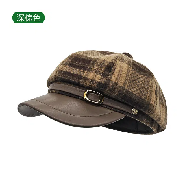 木林森 小香风毛呢格子纹八角帽秋冬季英伦风轻奢氛围感画家帽 棉 贝雷帽 女款