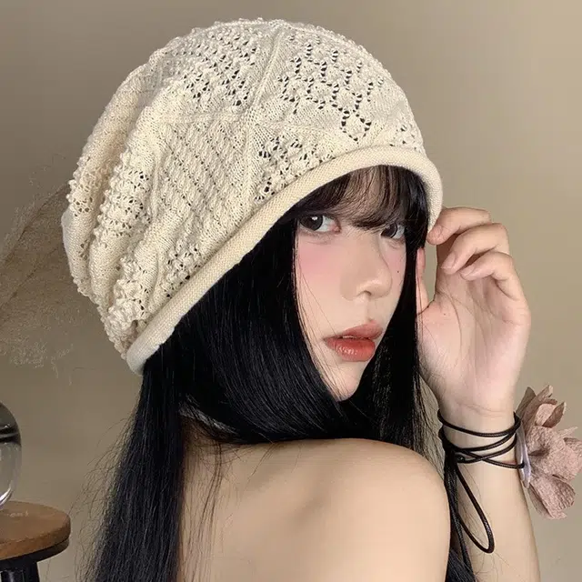 木林森  日系手工钩花镂空堆堆帽夏秋季薄款纯色大头围显脸小简约包头冷帽 棉 帽子 男女同款情侣款