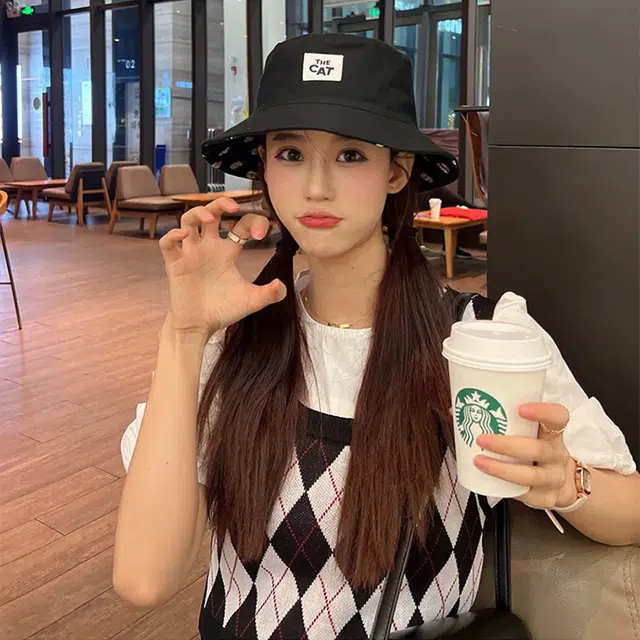 木林森 正反双面戴满印可爱猫咪夏季出游遮阳韩版原宿字母布标 棉涤 渔夫帽 男女同款情侣款