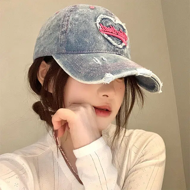木林森 春夏季爱心水洗做旧牛仔刺绣棒球户外出行甜酷辣妹防晒遮阳时尚潮流百搭大头围显脸小 棉 鸭舌帽 男女同款情侣款