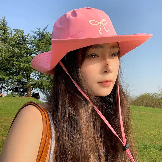 木林森 大檐甜美蝴蝶结速干遮阳防晒盆帽韩版户外出游登山帽 棉 渔夫帽 女款