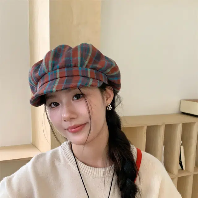 木林森 日系时尚格纹大版云朵贝雷帽显脸小秋冬毛呢报童帽八角帽大头围显脸小 男女同款情侣款