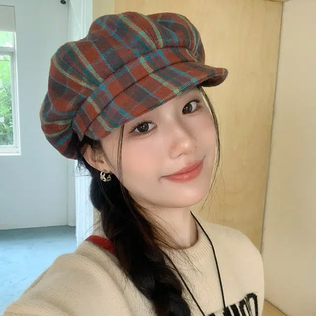 木林森 日系时尚格纹大版云朵贝雷帽显脸小秋冬毛呢报童帽八角帽大头围显脸小 男女同款情侣款