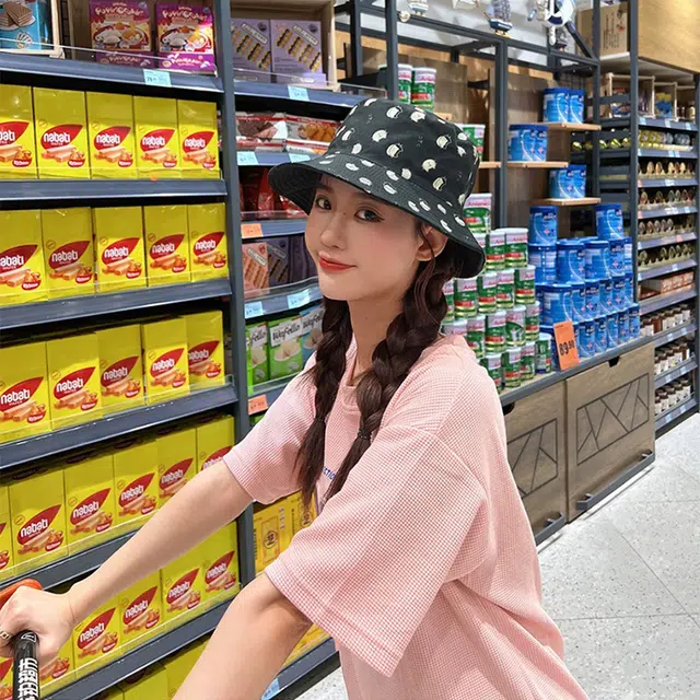 木林森 正反双面戴满印可爱猫咪夏季出游遮阳韩版原宿字母布标 棉涤 渔夫帽 男女同款情侣款