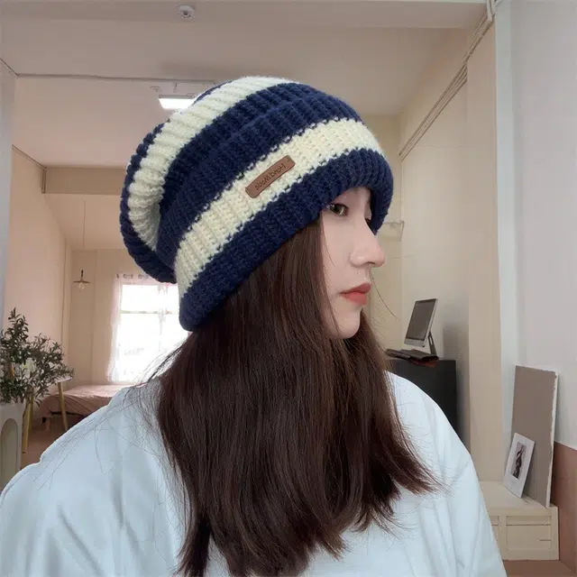 木林森 日系条纹皮标字母宽松大头围毛线帽子秋冬天保暖百搭针织帽堆堆帽 男女同款情侣款