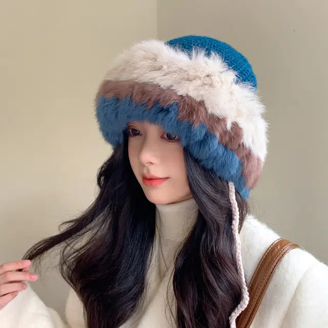 木林森 兔毛针织帽女秋冬季拼接保暖毛线帽韩版甜美可爱毛绒护耳包头帽子  腈纶 帽子 男女同款情侣款