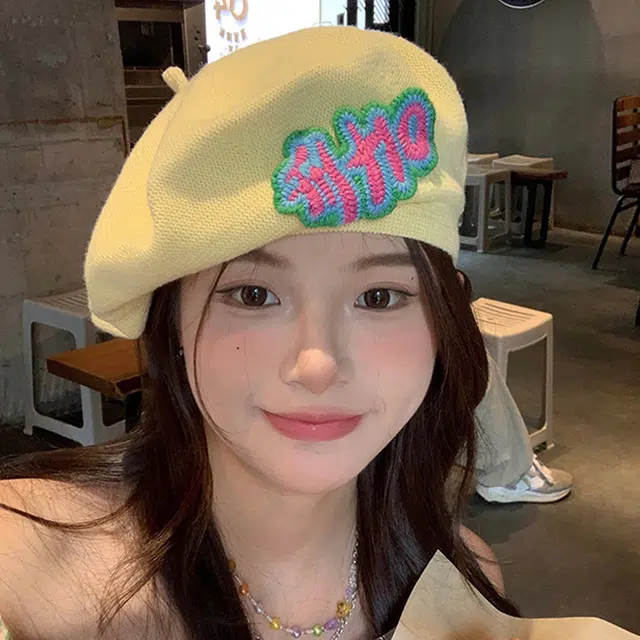 木林森 日系简约针织字母刺绣户外出行多巴胺风时尚潮流百搭显脸小画家 棉 贝雷帽 女款