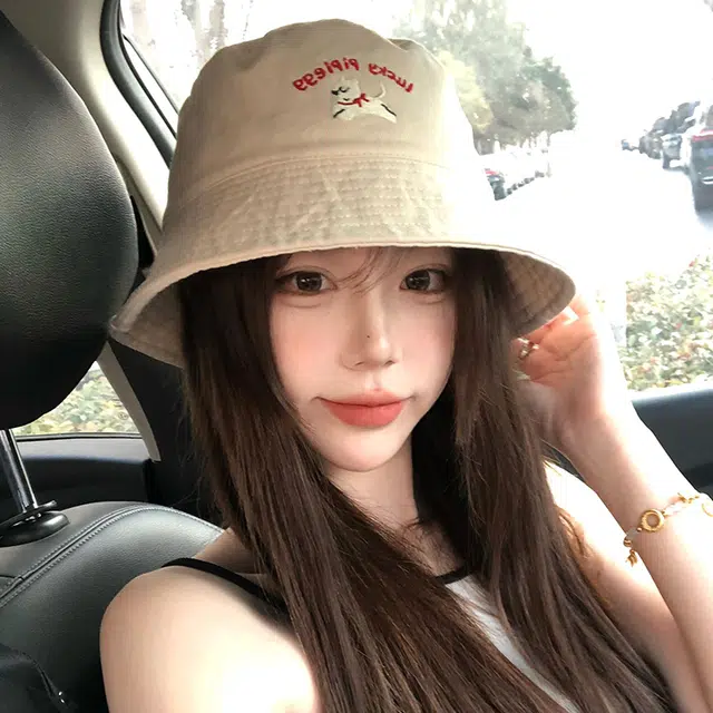 木林森 可爱小狗刺绣宽檐软顶户外出行遮阳运动风时尚潮流百搭大头围显脸小 棉 渔夫帽 男女同款情侣款