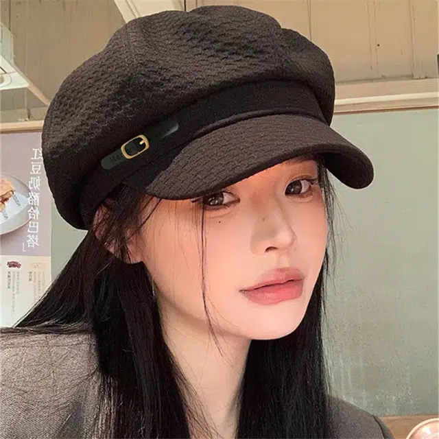 木林森 皱皱小玉米格八角帽子春秋季韩版时尚显脸小鸭舌帽皮带扣贝雷帽百搭画家帽 男女同款情侣款