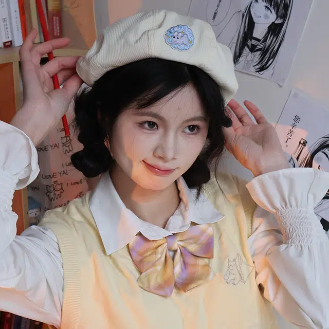 木林森 日系可爱甜美卡通兔子贴布夏季薄款透气百搭显脸小画家帽 腈纶 贝雷帽 女款