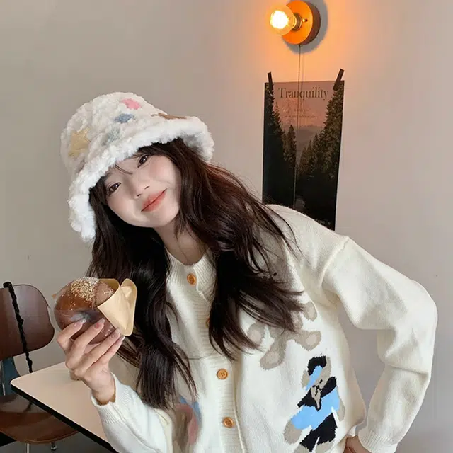 木林森 星星渔夫帽女毛绒保暖奶呼呼甜美可爱毛线帽学生显脸小穿搭盆帽 棉 围巾 男女同款情侣款