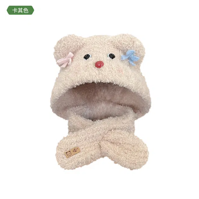 木林森 日系可爱腮红小熊耳朵帽子 冬季加厚保暖两件套帽子围巾一体 泰迪绒 绒线帽 男女同款情侣款