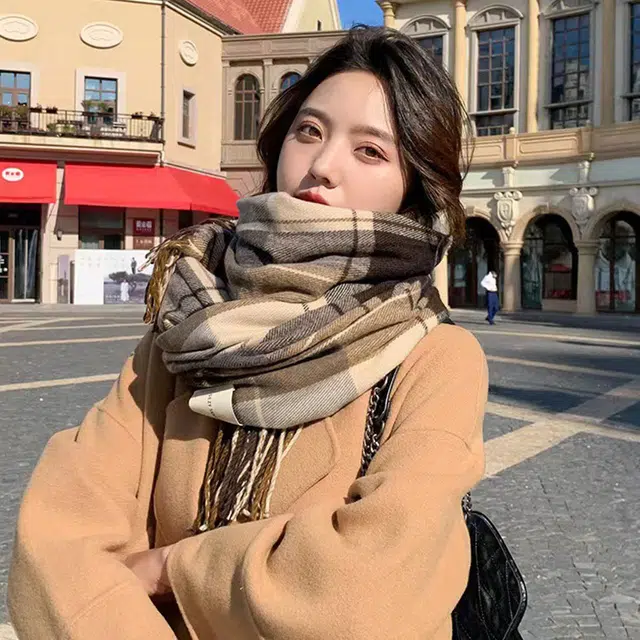 木林森 韩版格子流苏绒线围巾  围巾 男女同款情侣款