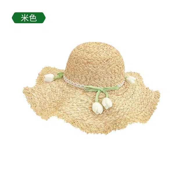 木林森 法式甜美郁金香毛边加大帽檐草帽海边度假遮阳防晒盆帽显脸小 草编 渔夫帽 男女同款情侣款