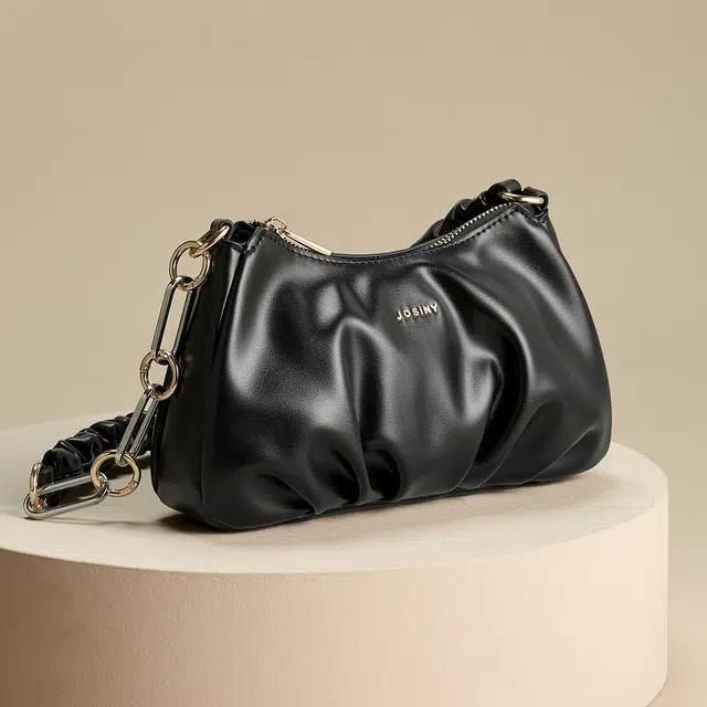 卓诗尼 简约风轻奢时尚百搭褶皱小众休闲 合成革 单肩包 女款 黑色/棕色