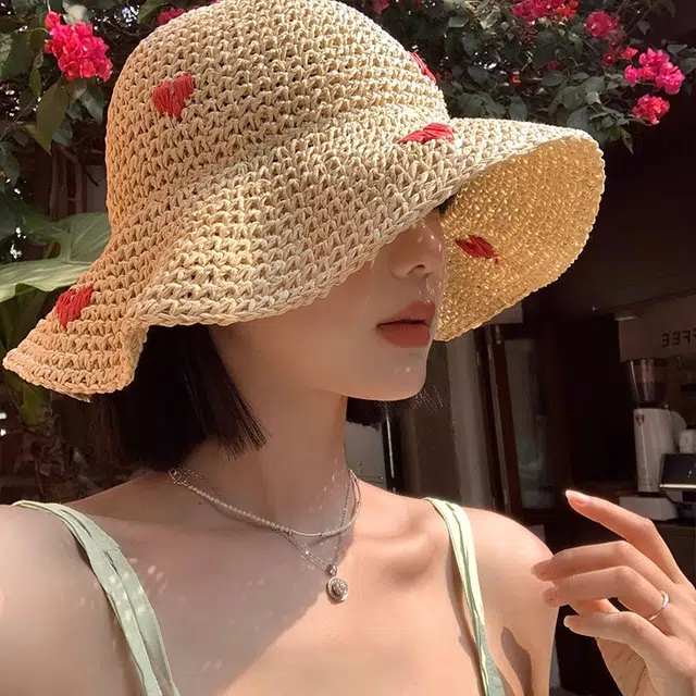 雅鹿 爱心可爱度假遮阳防晒大檐海边沙滩 草编 渔夫帽 女款
