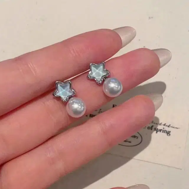 石缘聚 蓝粉色星星高级感耳饰 珍珠 耳钉 女款