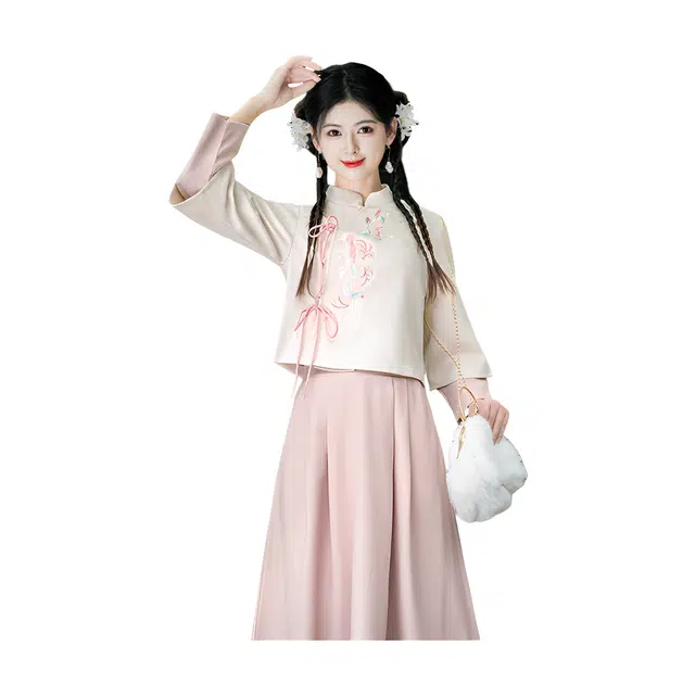 荟萃阁 新中式国风花颜粉斜襟系带刺绣加厚长袖上衣改良半身裙女裙装套装 女款