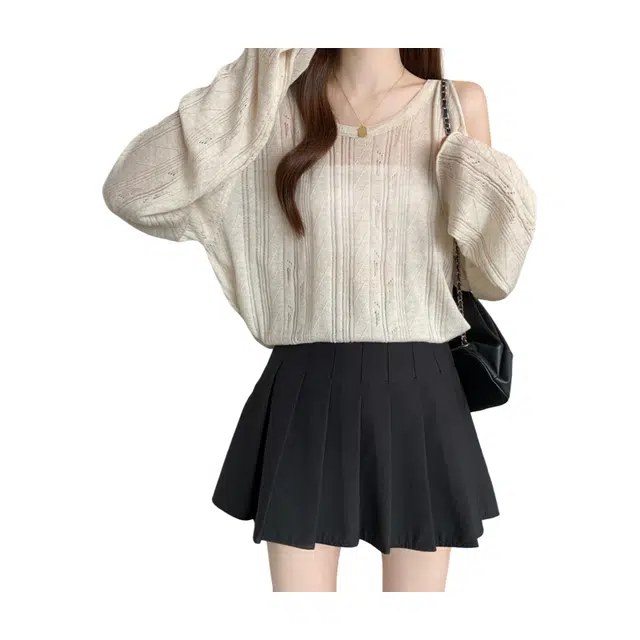 荟萃阁 漏肩薄款宽松慵懒风肌理感长袖上衣针织衫 女款