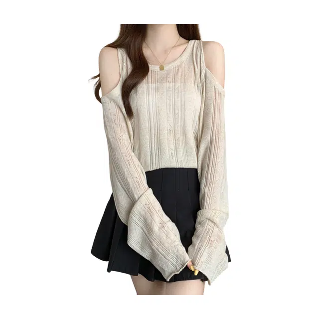 荟萃阁 漏肩薄款宽松慵懒风肌理感长袖上衣针织衫 女款