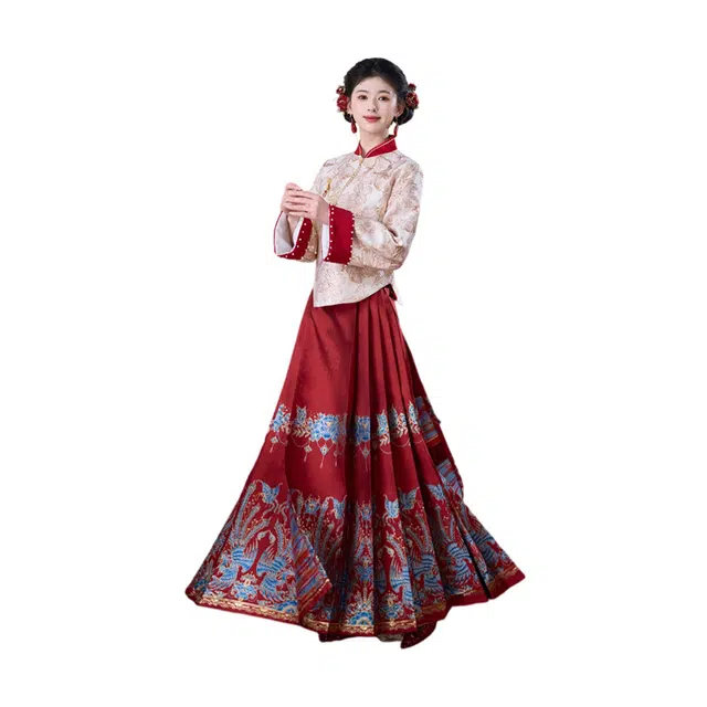 荟萃阁 新中式提花立领喜庆国风上衣一片式重工妆花织金马面裙两件套裙装套装 女款