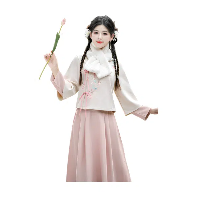 荟萃阁 新中式国风花颜粉斜襟系带刺绣加厚长袖上衣改良半身裙女裙装套装 女款