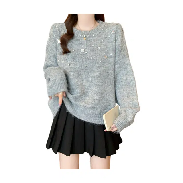 荟萃阁 重工钉珠亮片针宽松复古慵懒风显瘦针织衫 女款