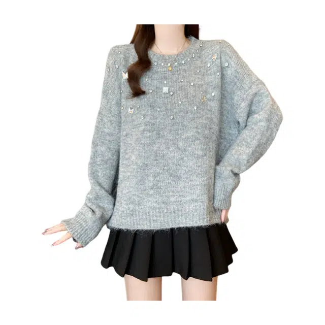 荟萃阁 重工钉珠亮片针宽松复古慵懒风显瘦针织衫 女款