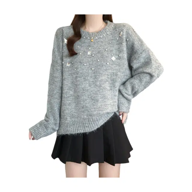 荟萃阁 重工钉珠亮片针宽松复古慵懒风显瘦针织衫 女款