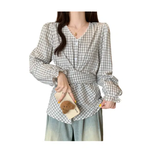 荟萃阁 设计感减龄格子绑带显瘦掐腰长袖衬衫 女款