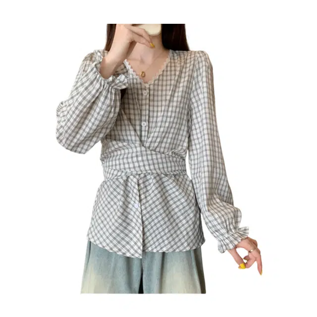 荟萃阁 设计感减龄格子绑带显瘦掐腰长袖衬衫 女款