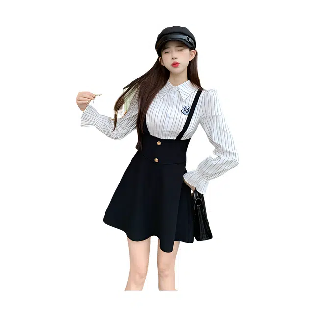 荟萃阁 显瘦复古氛围感条纹衬衫学院背带裙子女长袖连衣裙 女款