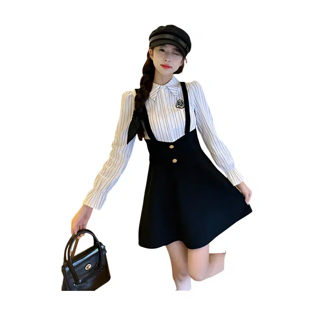 荟萃阁 显瘦复古氛围感条纹衬衫学院背带裙子女长袖连衣裙 女款