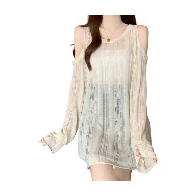 荟萃阁 漏肩薄款宽松慵懒风肌理感长袖上衣针织衫 女款