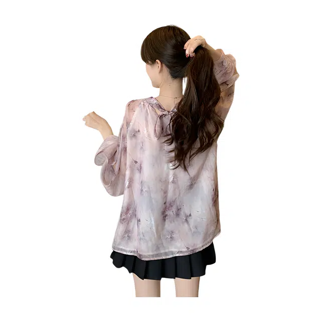 荟萃阁 露肩立领后背蝴蝶结泡泡袖碎花长袖衬衫 女款