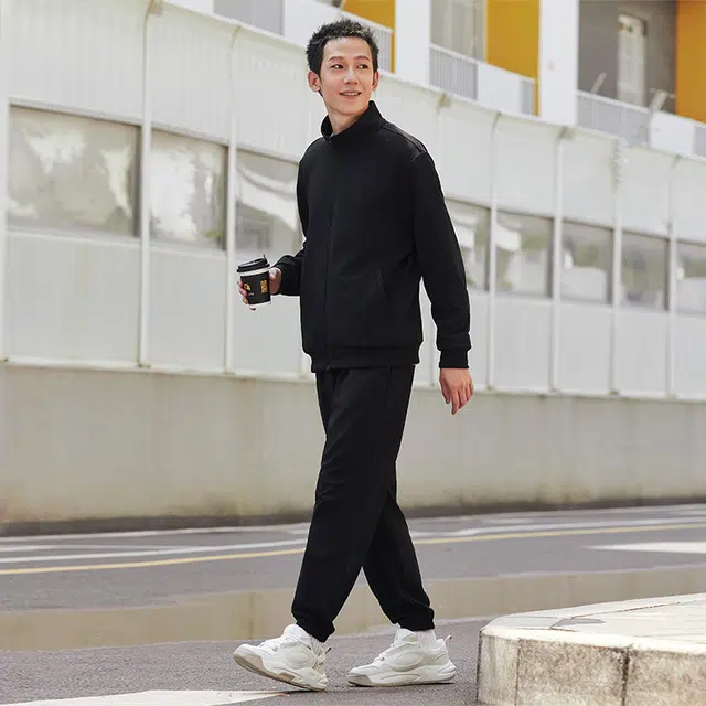 匹克 菁典系列 外套长裤秋季新款跑步训练男士户外日常通勤休闲运动套装 男款 黑色