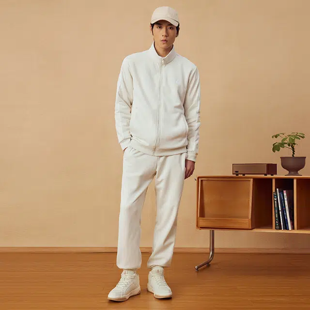 匹克 综合运动系列 针织加绒开胸长袖套装保暖防风简约百搭运动套装 男款 羊毛白
