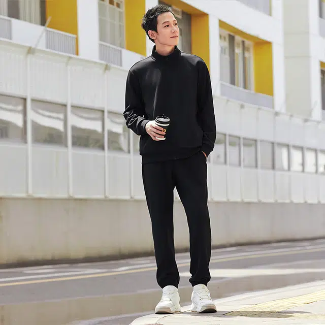 匹克 菁典系列 外套长裤秋季新款跑步训练男士户外日常通勤休闲运动套装 男款 黑色