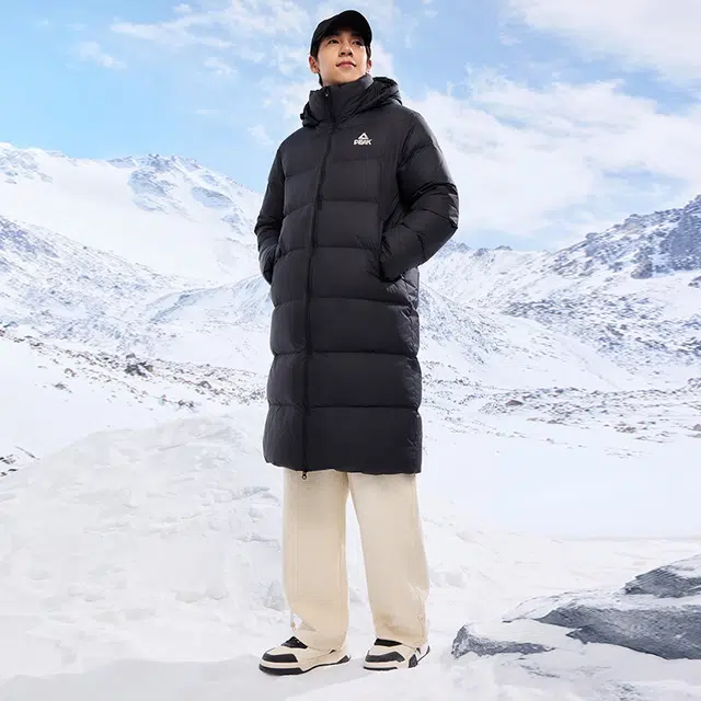 匹克 日常通勤新款户外秋冬加绒长款连帽保暖加厚鸭绒外套男运动服羽绒服 男女同款 黑色