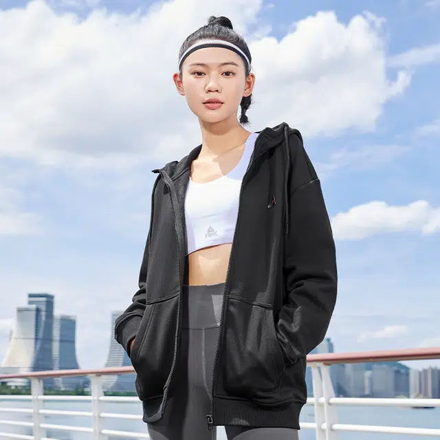 匹克 综合运动系列 加绒运动外套秋冬季连帽开衫卫衣休闲潮流跑步上装 男女同款 黑色