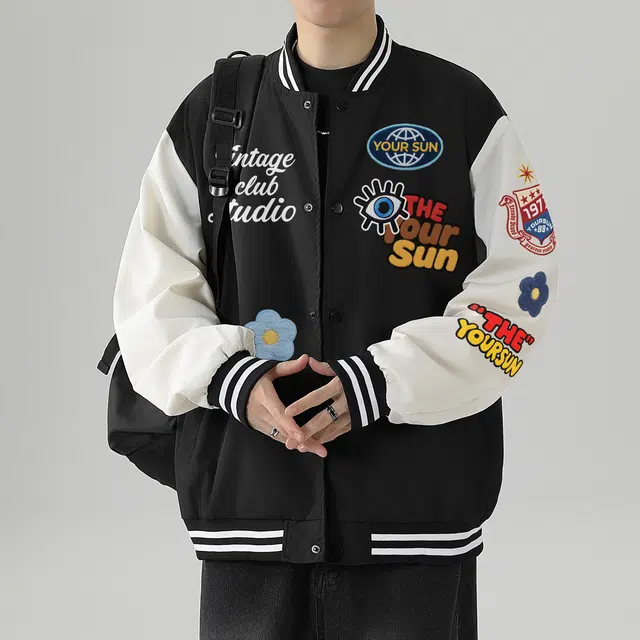 宜而爽  美式复古风创意仿刺绣花朵字母数字徽章图案印花设计拼接撞色外套宽松舒适休闲百搭落肩单排扣棒球服 男女同款